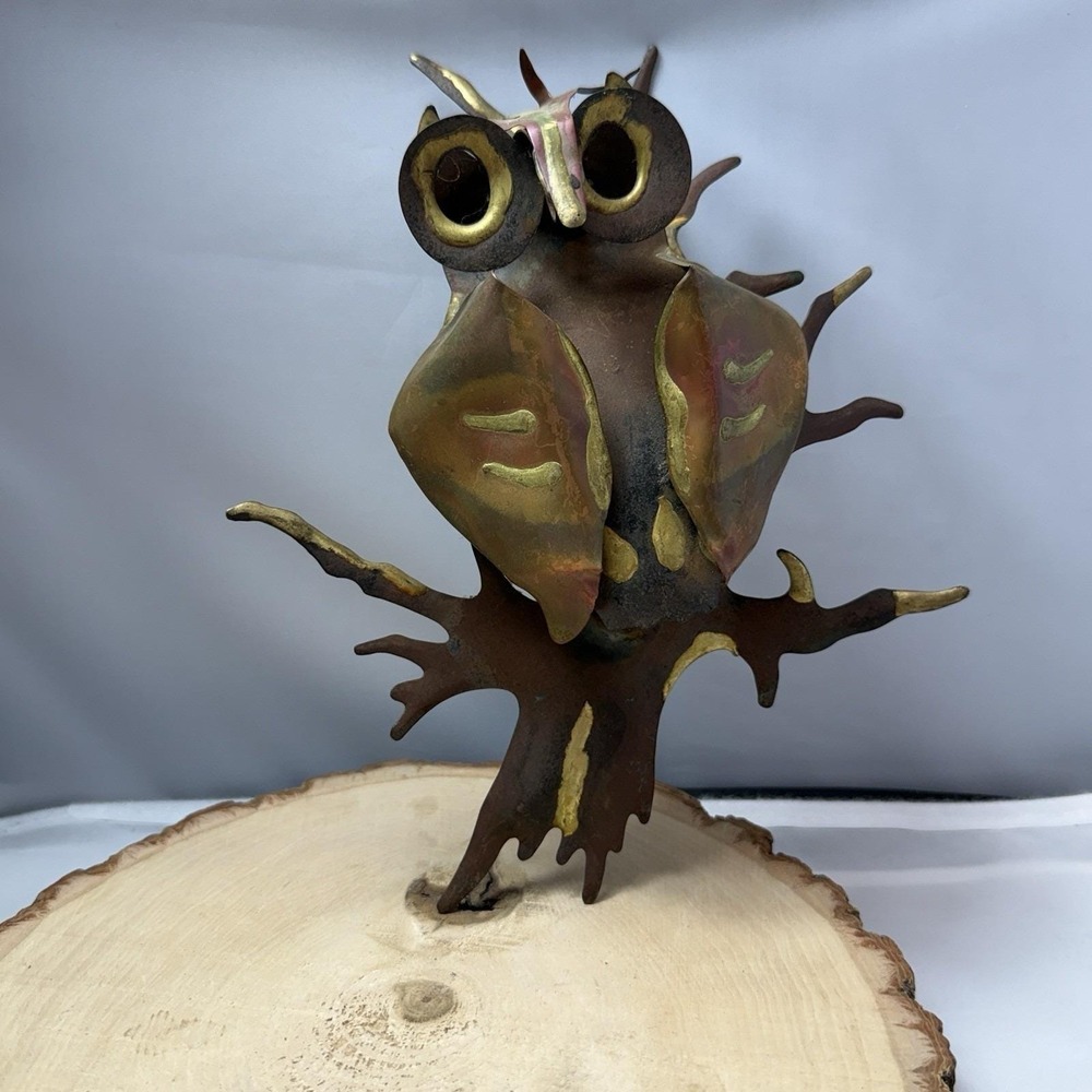 Vintage MCM Jere Style Brutalist Owl 3D Wall Art Brass Copper? Metal‎